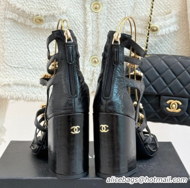 Grade Quality Chanel Calfskin Heel Strap Sandals with Pearl Bloom Black 2025 CH061020