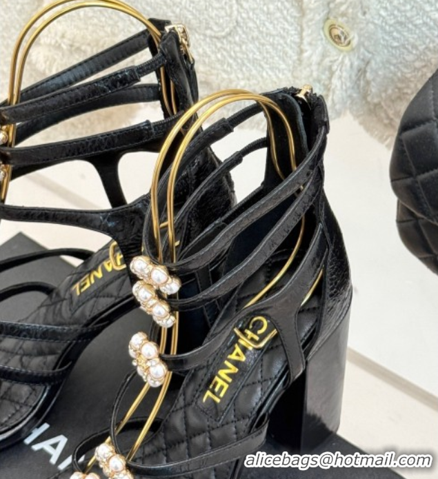 Grade Quality Chanel Calfskin Heel Strap Sandals with Pearl Bloom Black 2025 CH061020