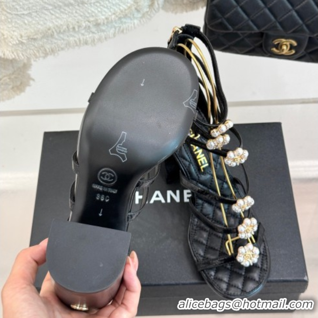 Grade Quality Chanel Calfskin Heel Strap Sandals with Pearl Bloom Black 2025 CH061020