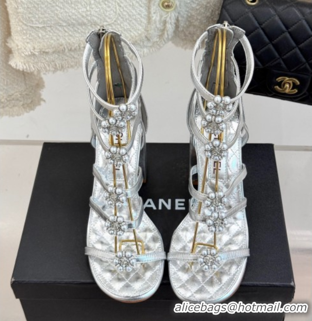 Shop Cheap Chanel Calfskin Heel Strap Sandals with Pearl Bloom Silver 2025 CH061020