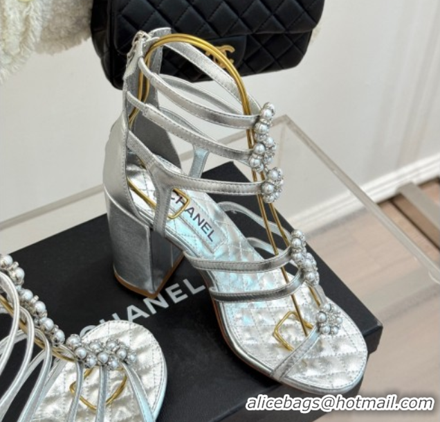 Shop Cheap Chanel Calfskin Heel Strap Sandals with Pearl Bloom Silver 2025 CH061020