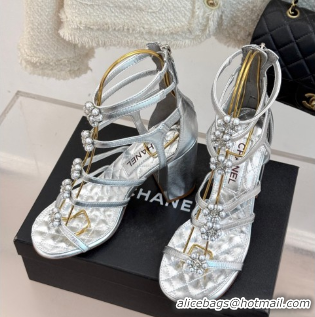 Shop Cheap Chanel Calfskin Heel Strap Sandals with Pearl Bloom Silver 2025 CH061020