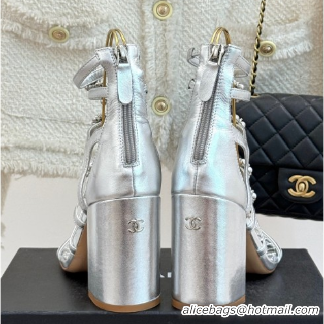 Shop Cheap Chanel Calfskin Heel Strap Sandals with Pearl Bloom Silver 2025 CH061020
