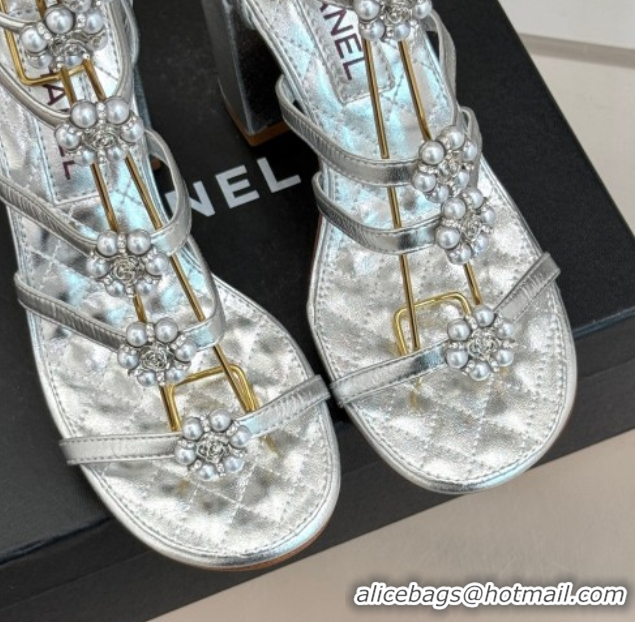 Shop Cheap Chanel Calfskin Heel Strap Sandals with Pearl Bloom Silver 2025 CH061020