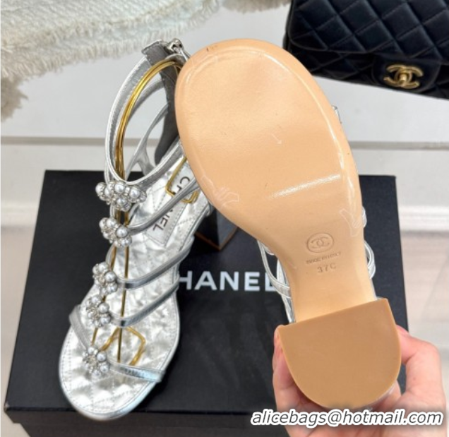 Shop Cheap Chanel Calfskin Heel Strap Sandals with Pearl Bloom Silver 2025 CH061020
