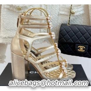 Top Grade Chanel Calfskin Heel Strap Sandals with Pearl Bloom Gold 2025 CH061020