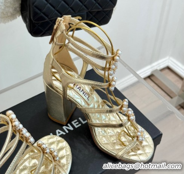Top Grade Chanel Calfskin Heel Strap Sandals with Pearl Bloom Gold 2025 CH061020