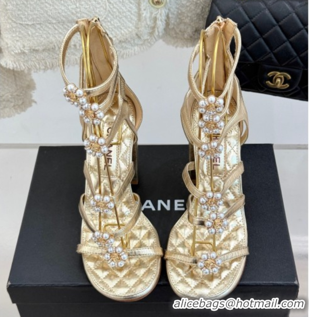 Top Grade Chanel Calfskin Heel Strap Sandals with Pearl Bloom Gold 2025 CH061020