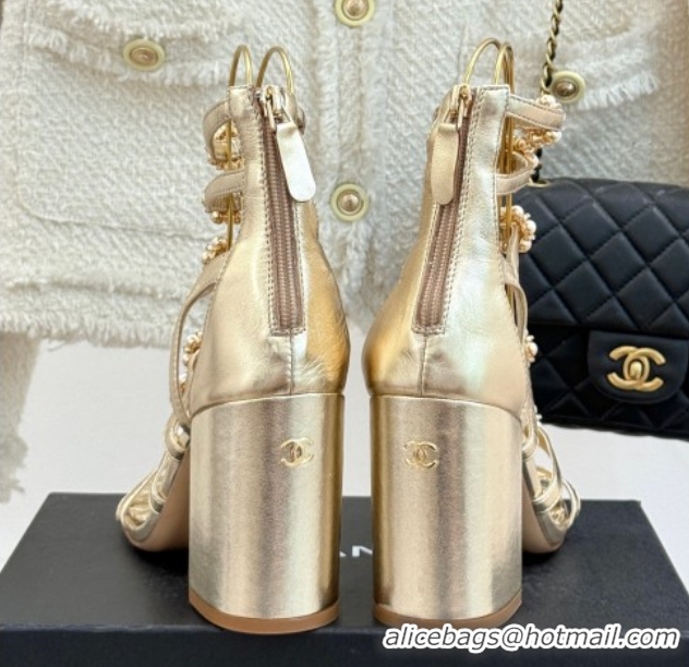 Top Grade Chanel Calfskin Heel Strap Sandals with Pearl Bloom Gold 2025 CH061020