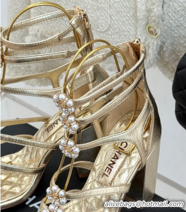 Top Grade Chanel Calfskin Heel Strap Sandals with Pearl Bloom Gold 2025 CH061020