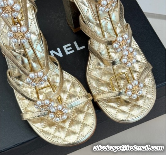 Top Grade Chanel Calfskin Heel Strap Sandals with Pearl Bloom Gold 2025 CH061020