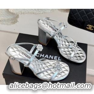Good Looking Chanel Calfskin High Heel Sandals with Pearl Bloom Silver 2025 CH061020