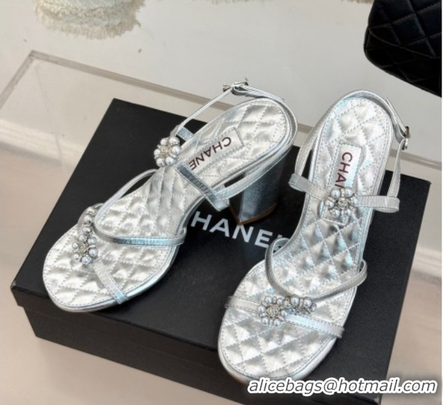 Good Looking Chanel Calfskin High Heel Sandals with Pearl Bloom Silver 2025 CH061020