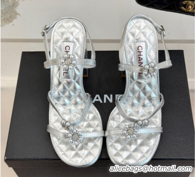 Good Looking Chanel Calfskin High Heel Sandals with Pearl Bloom Silver 2025 CH061020