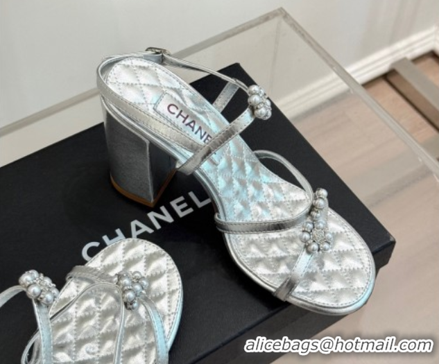Good Looking Chanel Calfskin High Heel Sandals with Pearl Bloom Silver 2025 CH061020