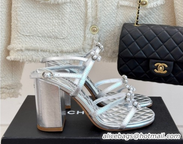 Good Looking Chanel Calfskin High Heel Sandals with Pearl Bloom Silver 2025 CH061020
