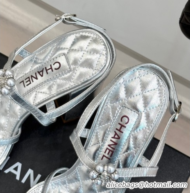Good Looking Chanel Calfskin High Heel Sandals with Pearl Bloom Silver 2025 CH061020