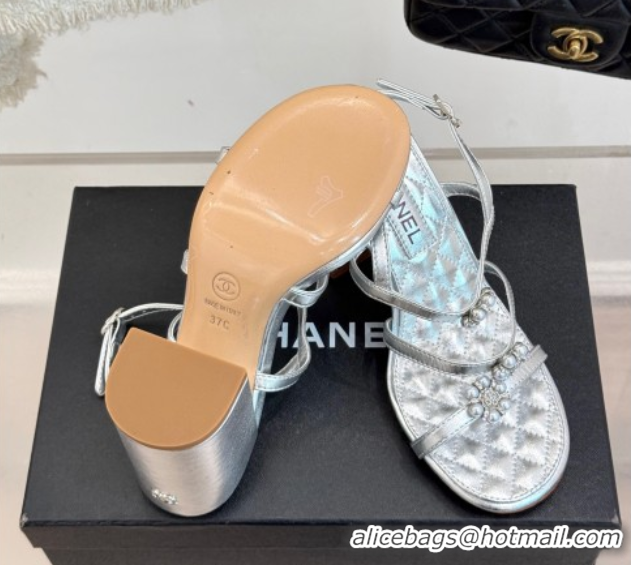 Good Looking Chanel Calfskin High Heel Sandals with Pearl Bloom Silver 2025 CH061020
