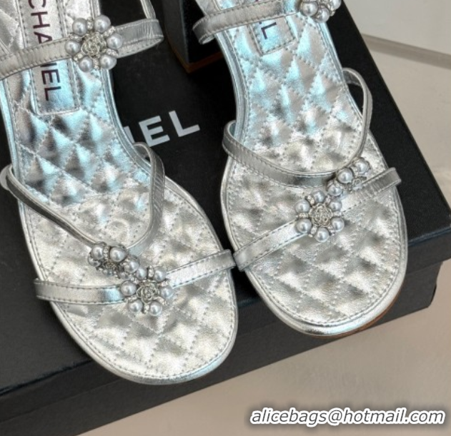 Good Looking Chanel Calfskin High Heel Sandals with Pearl Bloom Silver 2025 CH061020