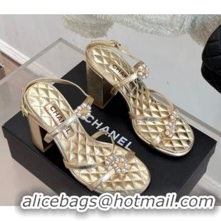 Best Product Chanel Calfskin High Heel Sandals with Pearl Bloom Gold 2025 CH061020