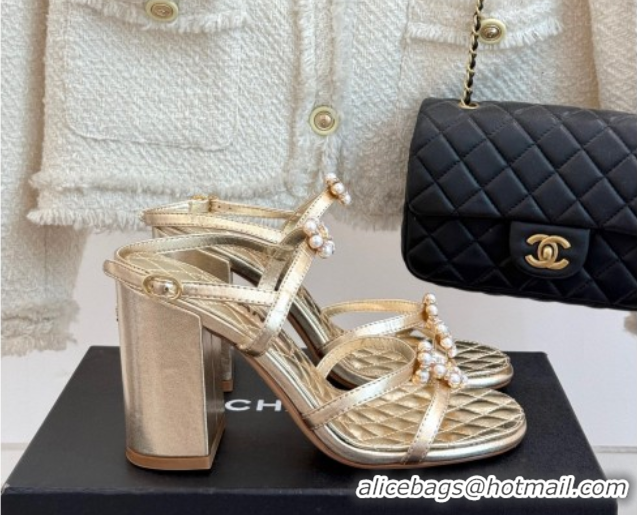 Best Product Chanel Calfskin High Heel Sandals with Pearl Bloom Gold 2025 CH061020