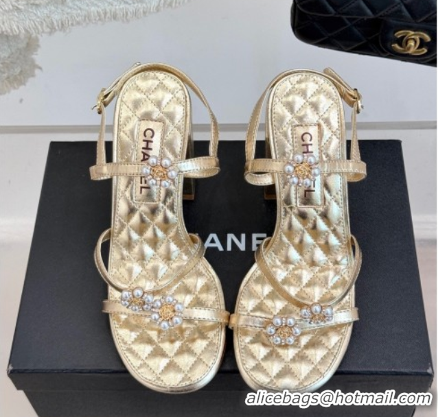 Best Product Chanel Calfskin High Heel Sandals with Pearl Bloom Gold 2025 CH061020