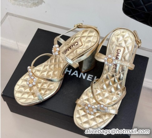Best Product Chanel Calfskin High Heel Sandals with Pearl Bloom Gold 2025 CH061020