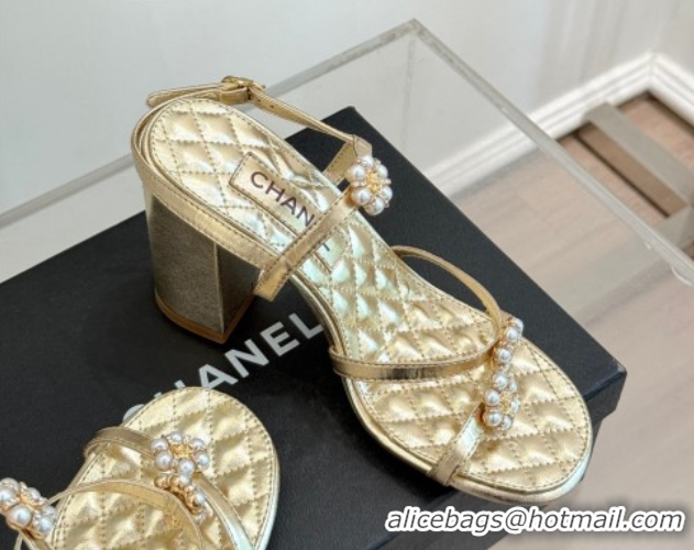 Best Product Chanel Calfskin High Heel Sandals with Pearl Bloom Gold 2025 CH061020