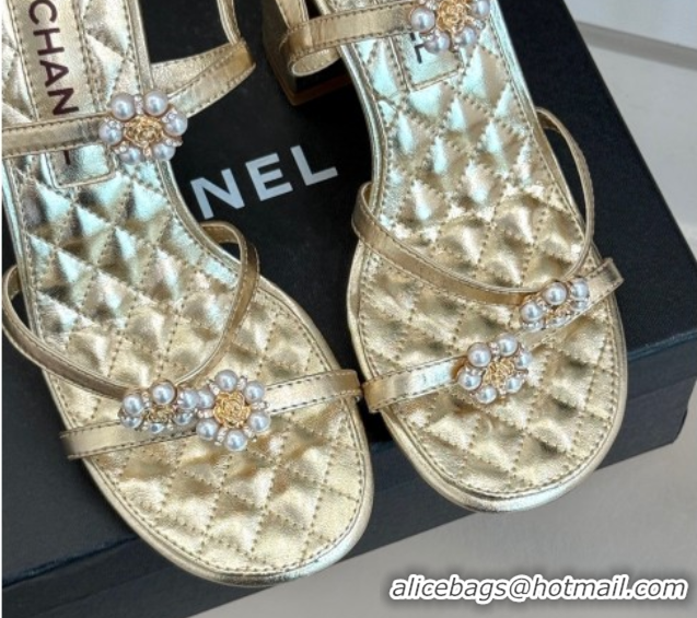 Best Product Chanel Calfskin High Heel Sandals with Pearl Bloom Gold 2025 CH061020