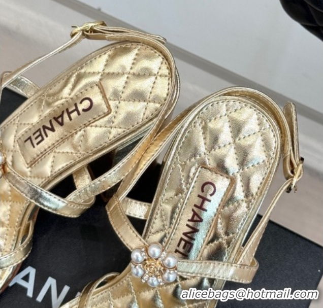 Best Product Chanel Calfskin High Heel Sandals with Pearl Bloom Gold 2025 CH061020