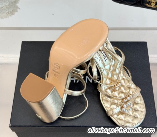 Best Product Chanel Calfskin High Heel Sandals with Pearl Bloom Gold 2025 CH061020
