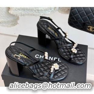 Shop Duplicate Chanel Calfskin High Heel Sandals with Pearl Bloom Black 2025 CH061020