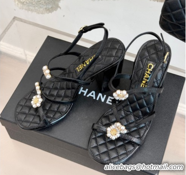 Shop Duplicate Chanel Calfskin High Heel Sandals with Pearl Bloom Black 2025 CH061020