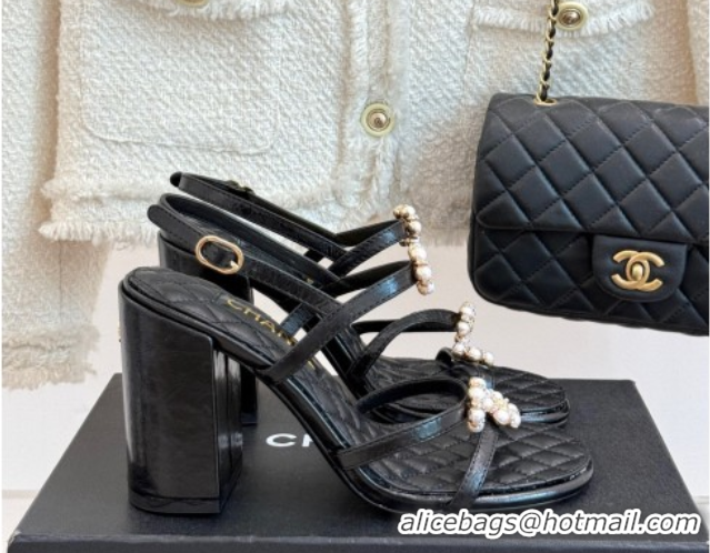 Shop Duplicate Chanel Calfskin High Heel Sandals with Pearl Bloom Black 2025 CH061020