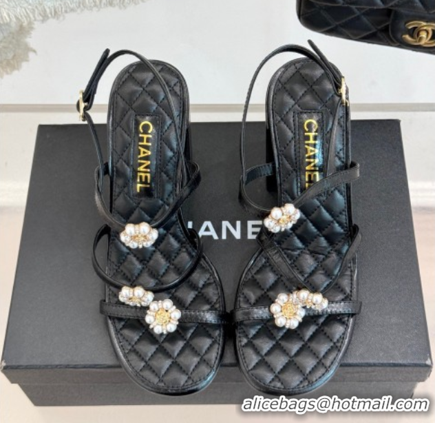 Shop Duplicate Chanel Calfskin High Heel Sandals with Pearl Bloom Black 2025 CH061020