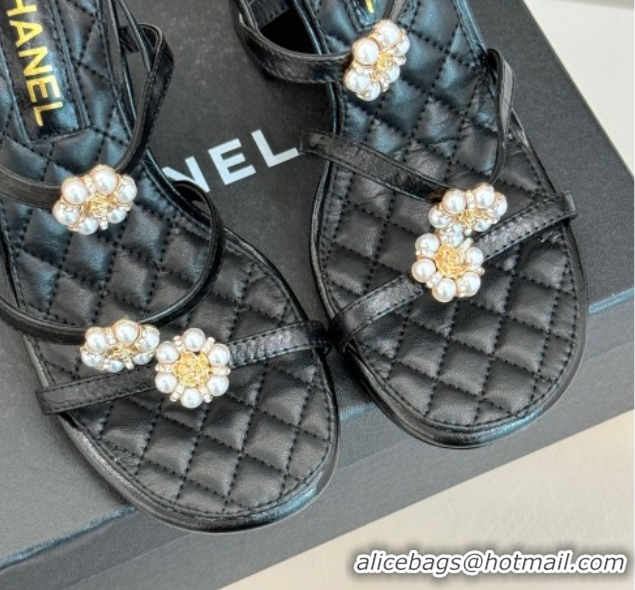 Shop Duplicate Chanel Calfskin High Heel Sandals with Pearl Bloom Black 2025 CH061020