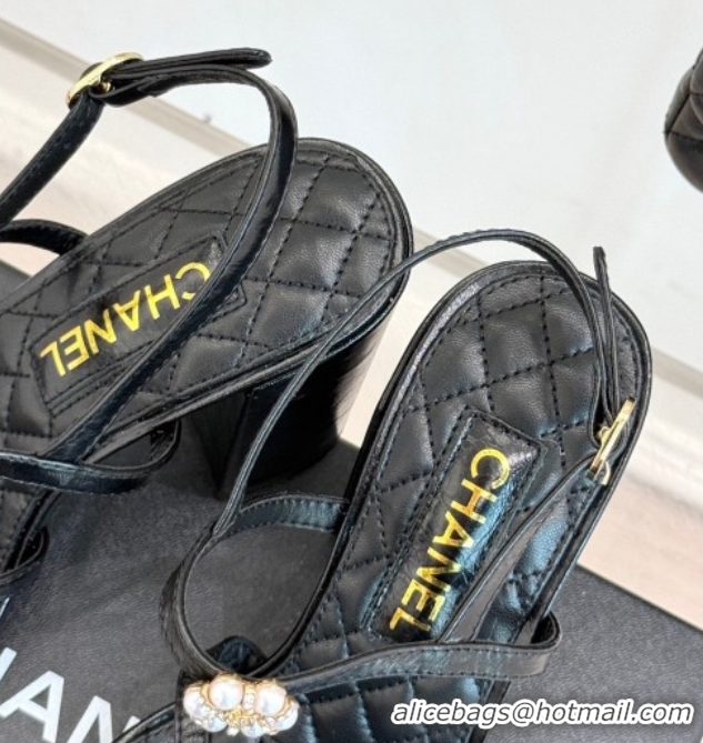Shop Duplicate Chanel Calfskin High Heel Sandals with Pearl Bloom Black 2025 CH061020