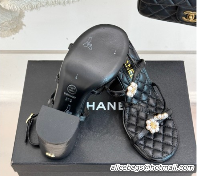 Shop Duplicate Chanel Calfskin High Heel Sandals with Pearl Bloom Black 2025 CH061020