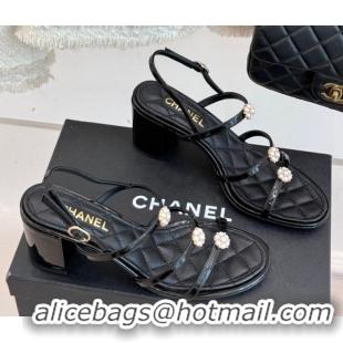 Durable Chanel Calfskin Leather Heel Sandals with Pearl Bloom Black 2025 CH061020