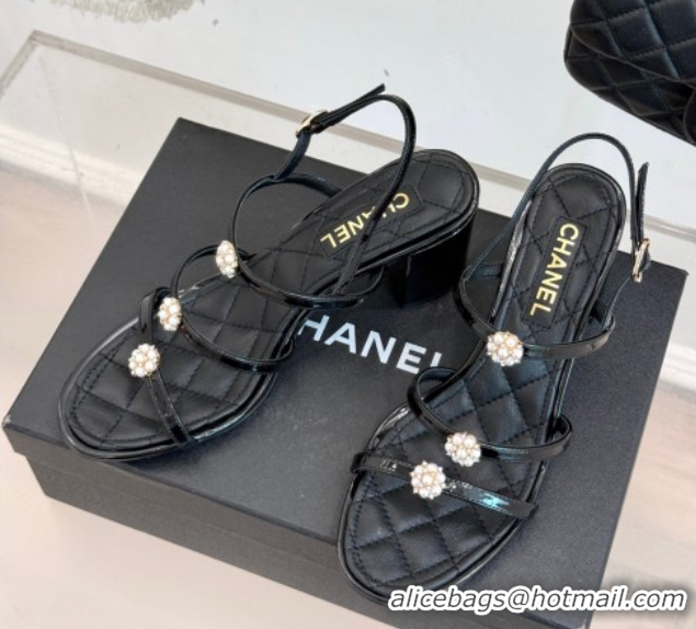 Durable Chanel Calfskin Leather Heel Sandals with Pearl Bloom Black 2025 CH061020
