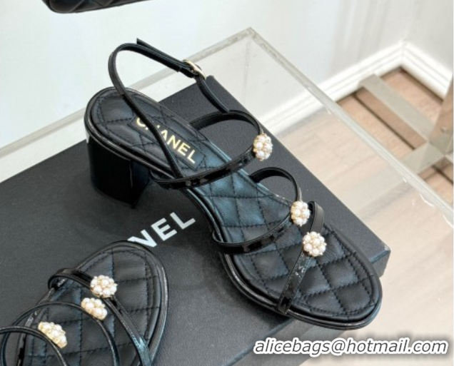Durable Chanel Calfskin Leather Heel Sandals with Pearl Bloom Black 2025 CH061020
