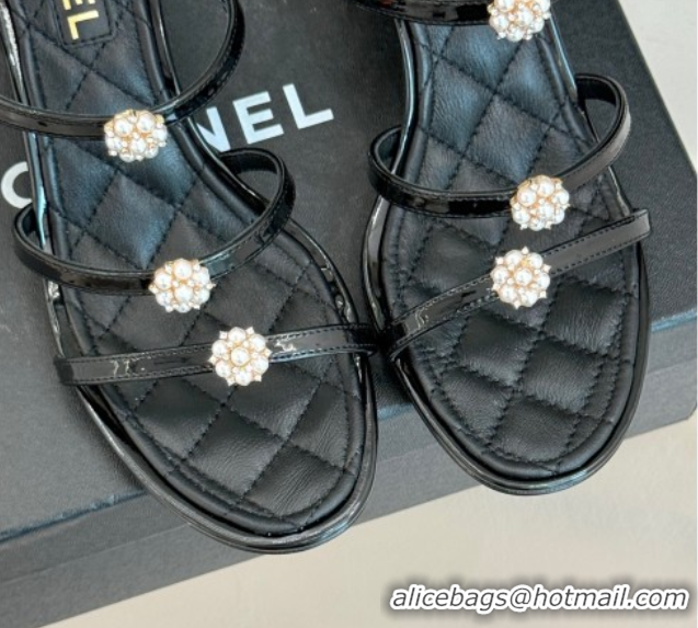Durable Chanel Calfskin Leather Heel Sandals with Pearl Bloom Black 2025 CH061020
