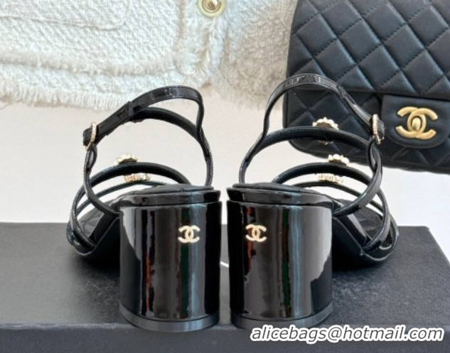 Durable Chanel Calfskin Leather Heel Sandals with Pearl Bloom Black 2025 CH061020
