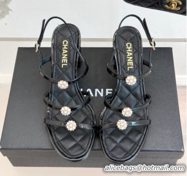 Durable Chanel Calfskin Leather Heel Sandals with Pearl Bloom Black 2025 CH061020
