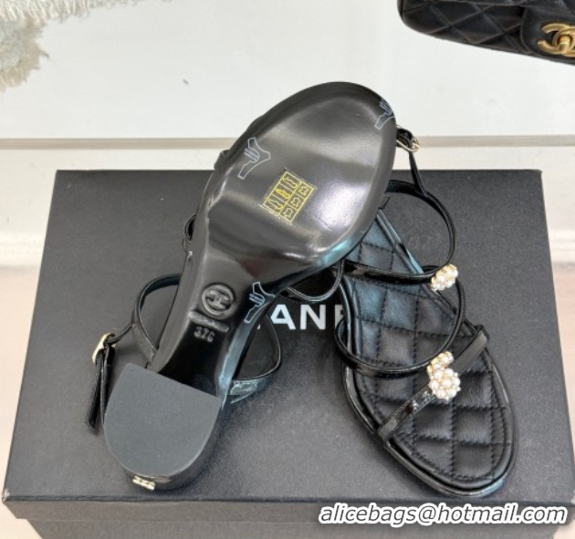 Durable Chanel Calfskin Leather Heel Sandals with Pearl Bloom Black 2025 CH061020