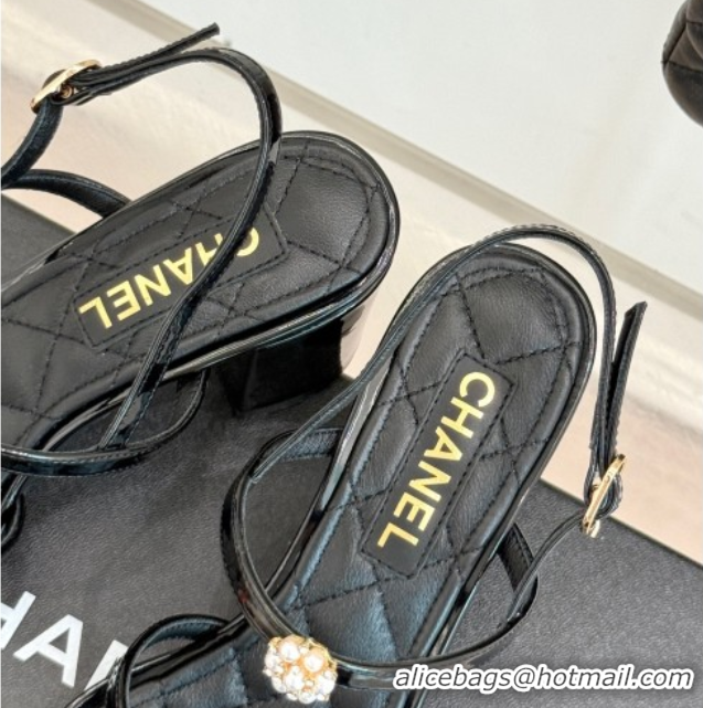 Durable Chanel Calfskin Leather Heel Sandals with Pearl Bloom Black 2025 CH061020