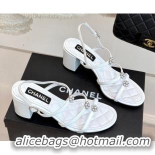 Best Price Chanel Calfskin Leather Heel Sandals with Pearl Bloom White 2025 CH061020