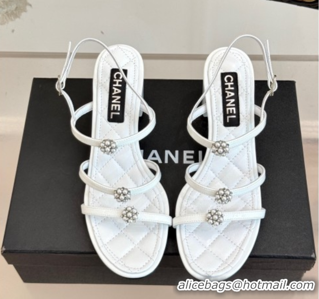 Best Price Chanel Calfskin Leather Heel Sandals with Pearl Bloom White 2025 CH061020