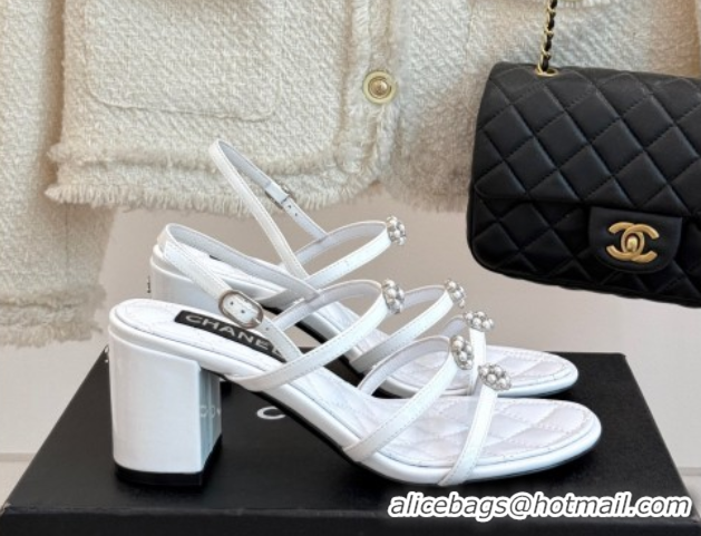 Best Price Chanel Calfskin Leather Heel Sandals with Pearl Bloom White 2025 CH061020
