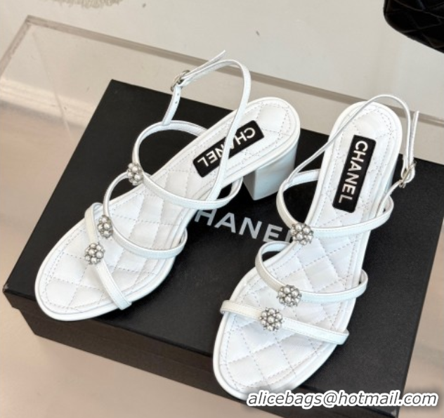 Best Price Chanel Calfskin Leather Heel Sandals with Pearl Bloom White 2025 CH061020